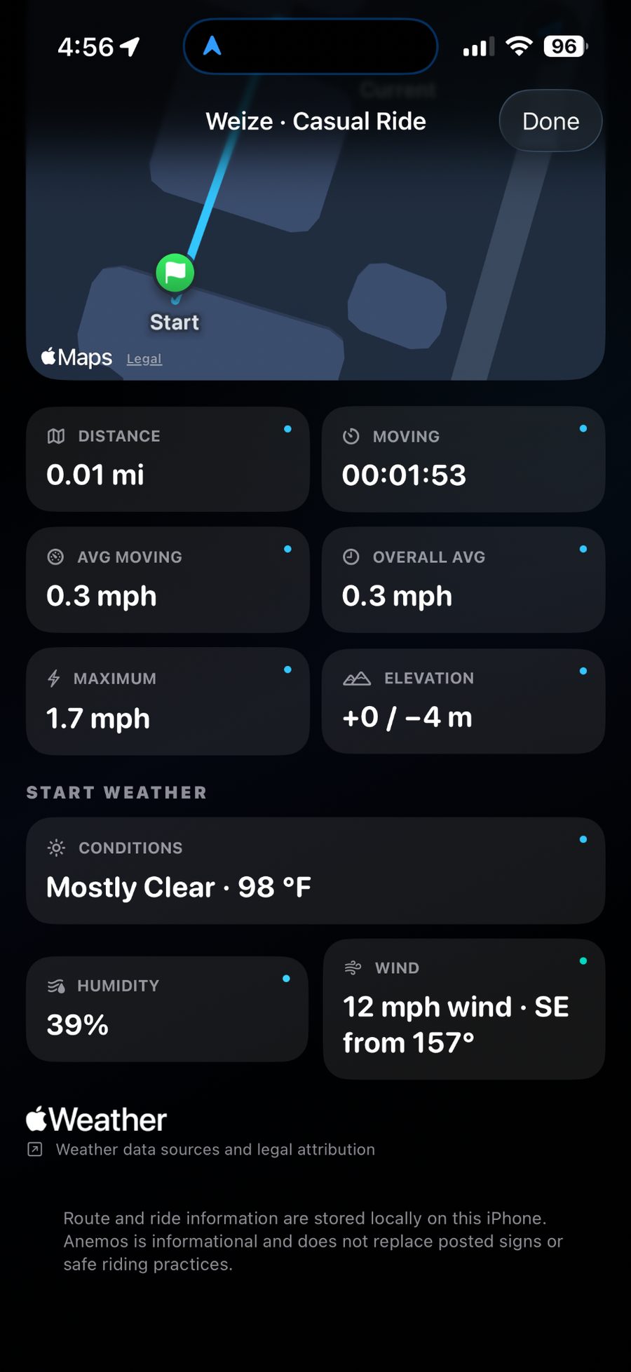 Completed ride summary with Apple Maps and weather