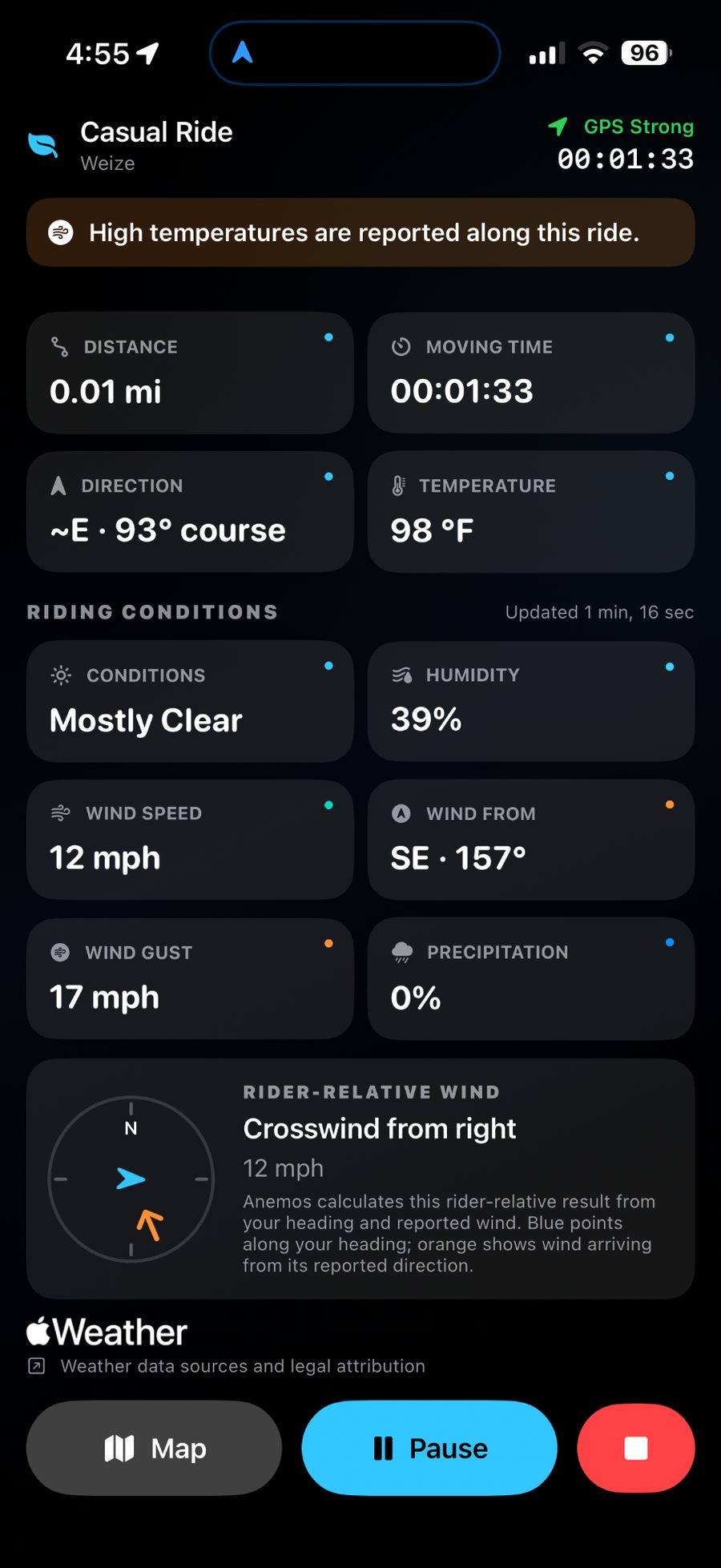 Rider-relative wind and WeatherKit conditions