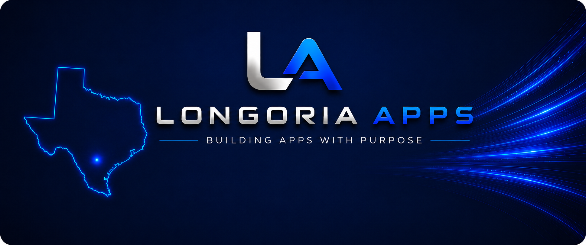 Longoria Apps logo, Texas outline, and the phrase Building Apps with Purpose