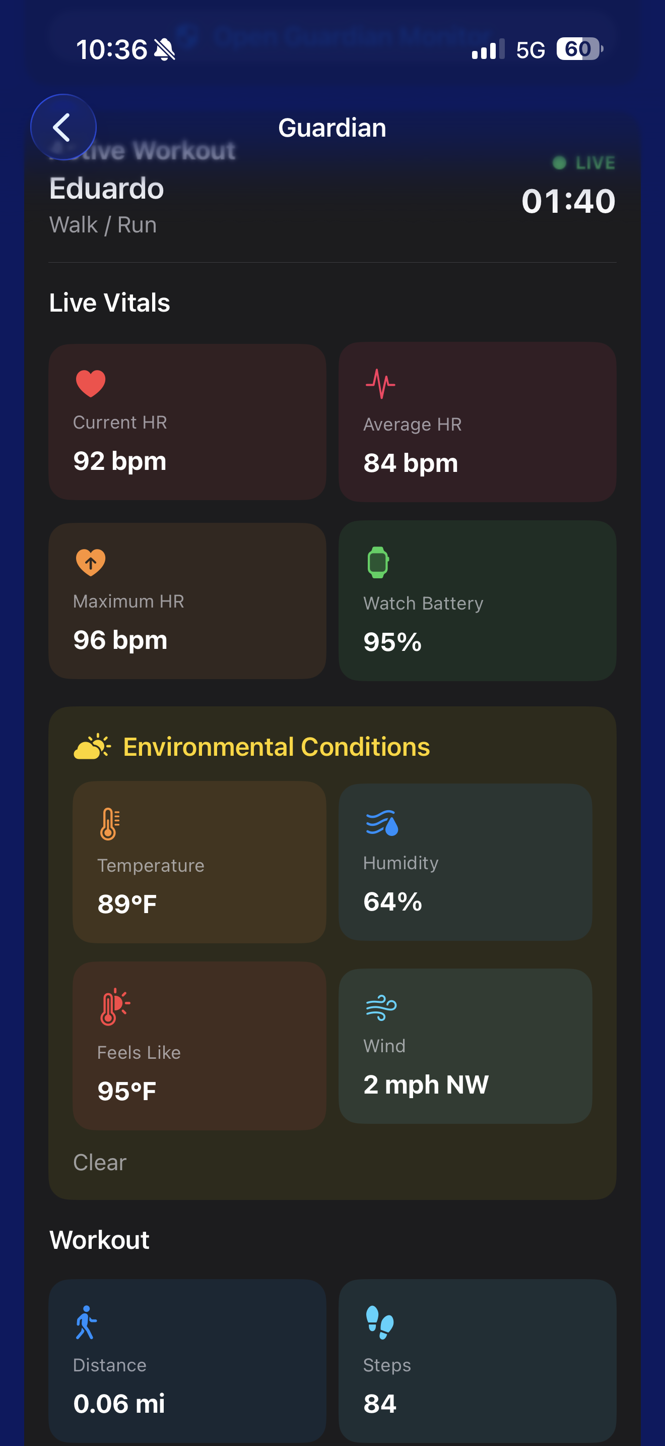 Actual Kinisi Guardian live workout screen