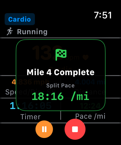 Actual Kinisi mile split alert
