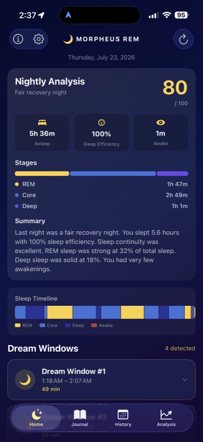 MorpheusREM nightly analysis screen