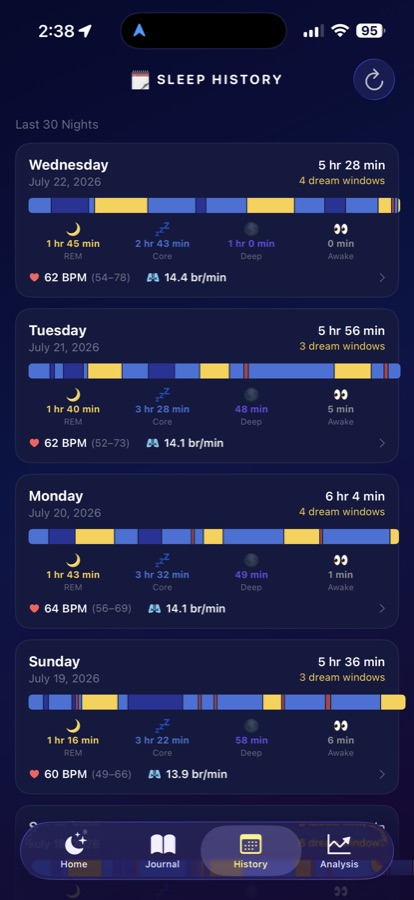 MorpheusREM sleep history screen