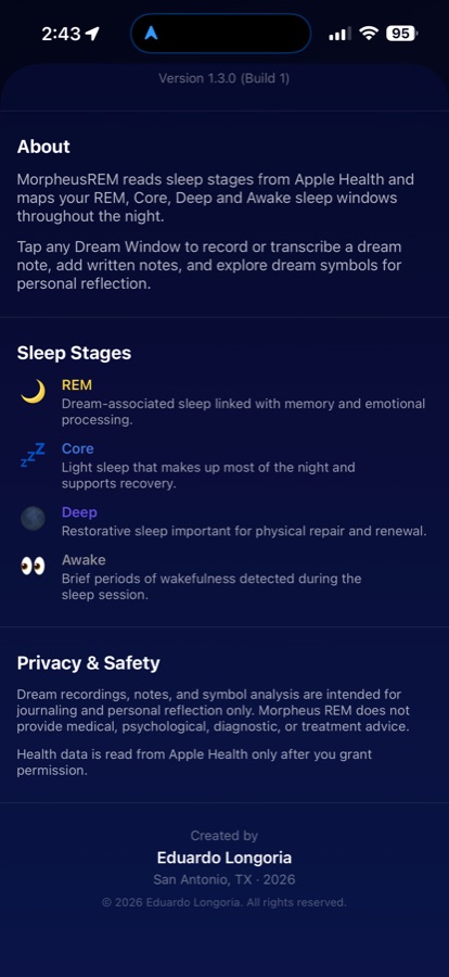 MorpheusREM About and Privacy screen