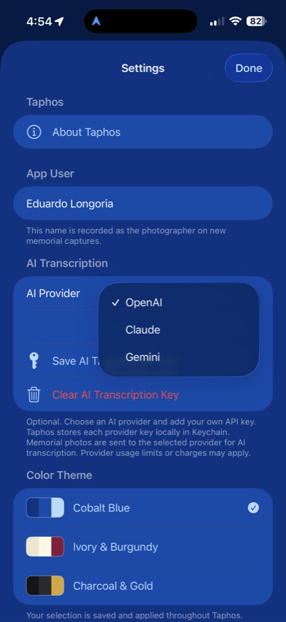 Taphos AI provider settings