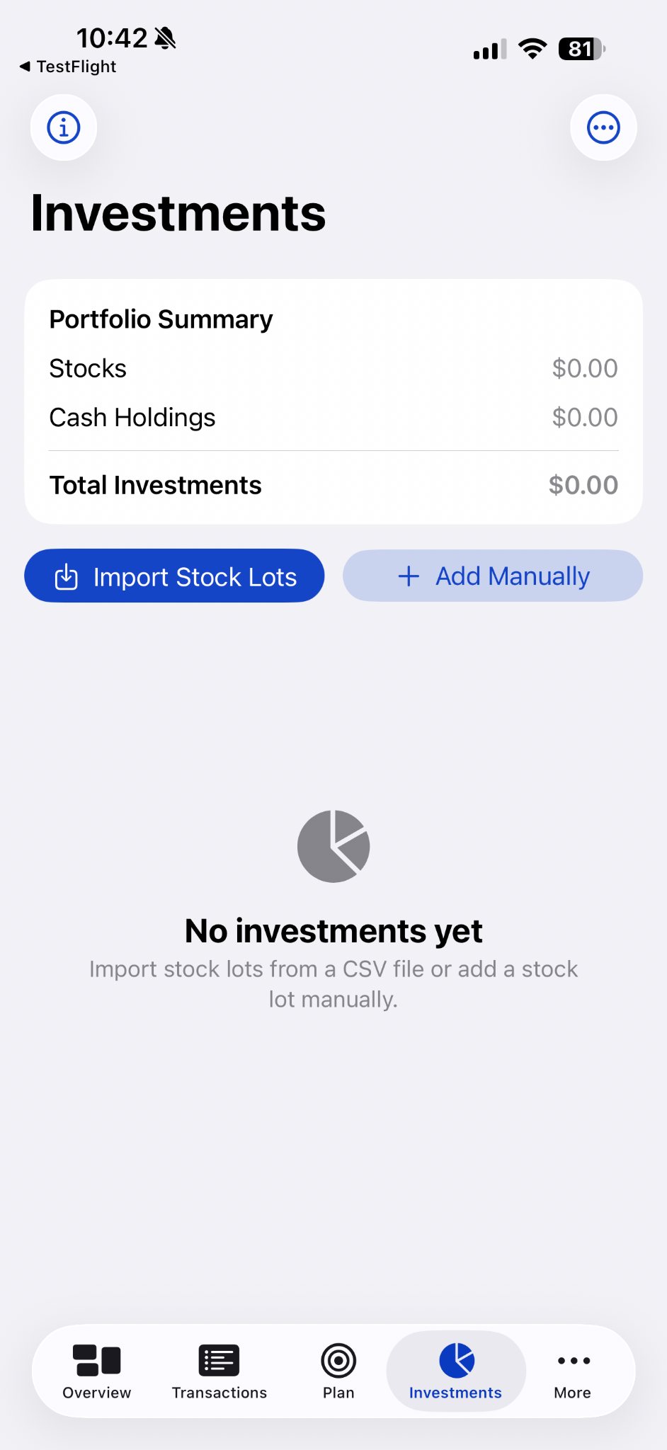 Actual VitaLedger Investments screen showing Portfolio Summary, stock lot import, and manual entry options