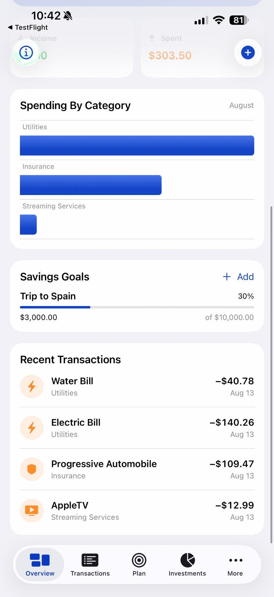 VitaLedger overview with spending categories, savings goals, and recent transactions