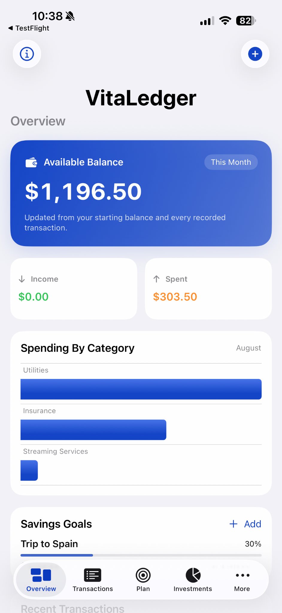 Actual VitaLedger Overview screen showing available balance, spending by category, and savings goals