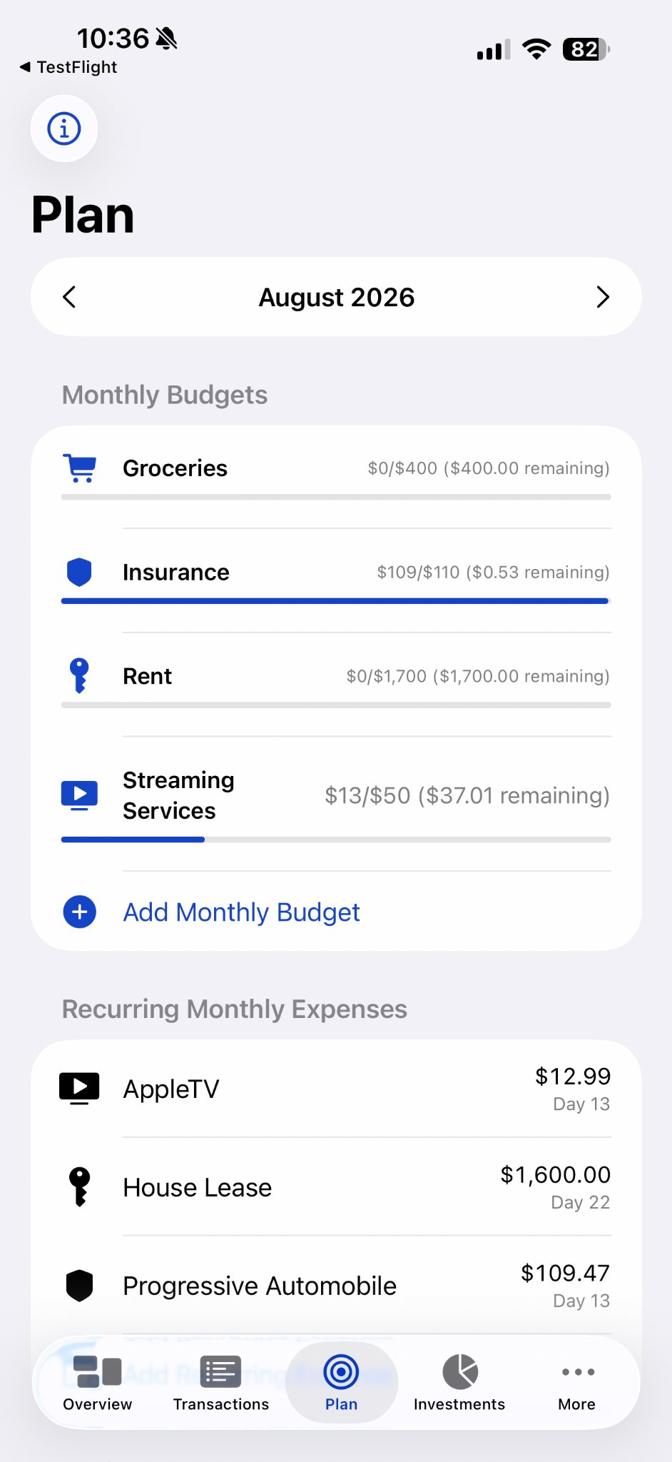 Actual VitaLedger Plan screen showing monthly budgets and recurring monthly expenses