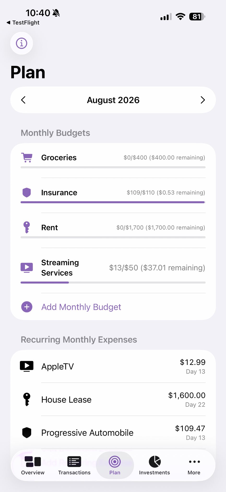 VitaLedger Plan screen with monthly budgets and recurring expenses