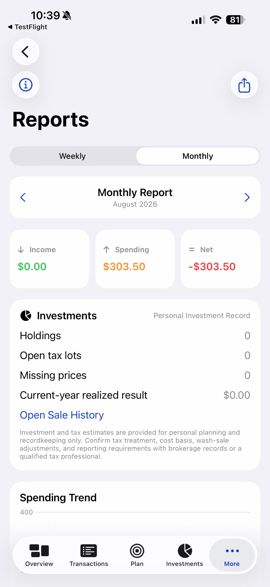 Actual VitaLedger monthly report showing income, spending, net results, and investment record summary