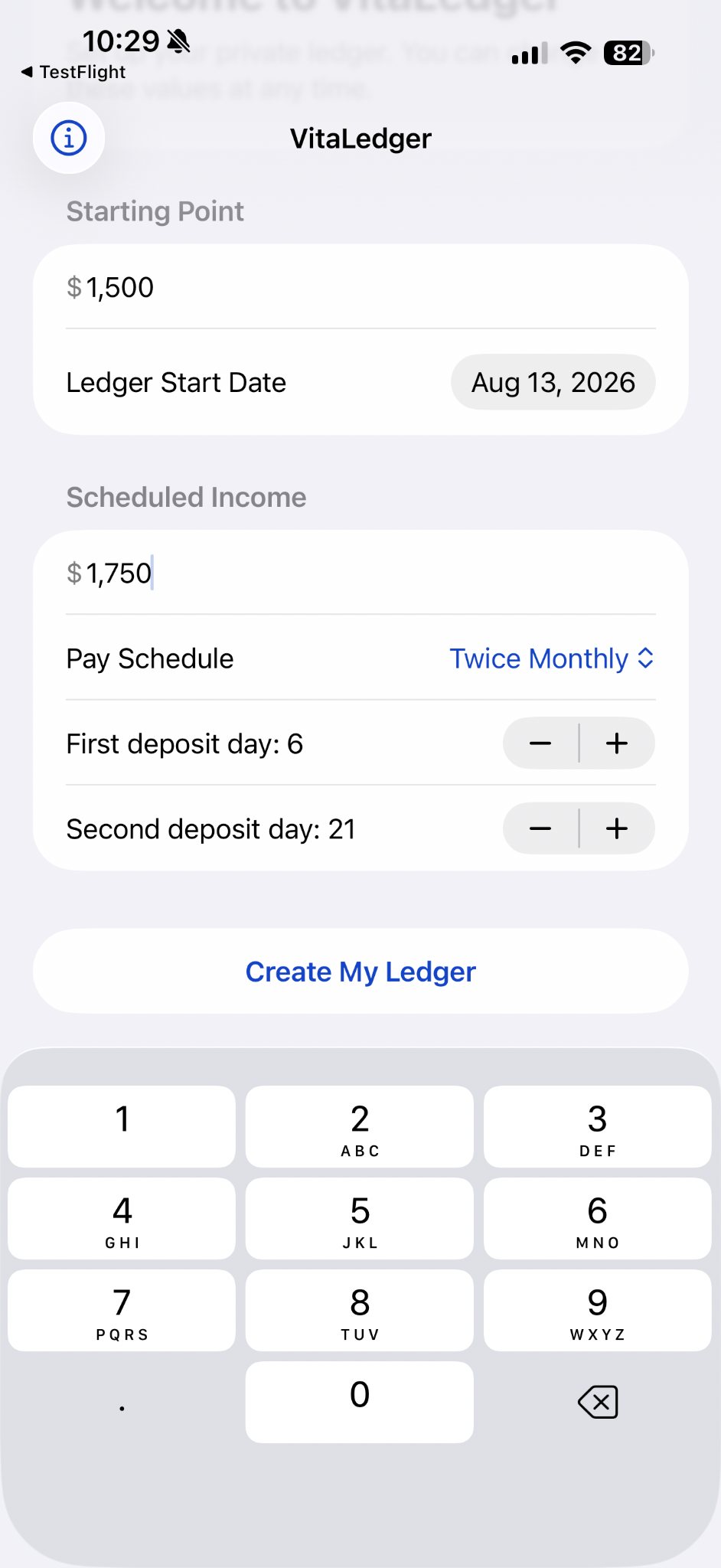 VitaLedger starting point and scheduled income setup screen