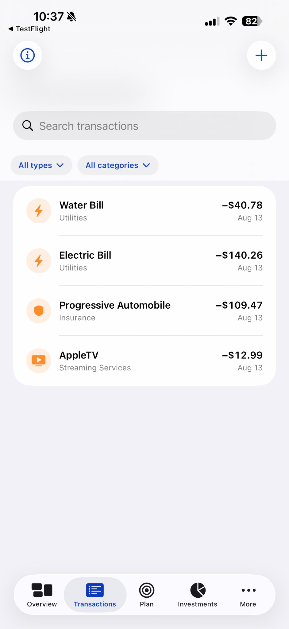 Actual VitaLedger Transactions screen with search, category filters, and recorded expenses